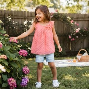 Girls Size 6 Epic Threads Summer Top, 2 Layers, coral with red dots